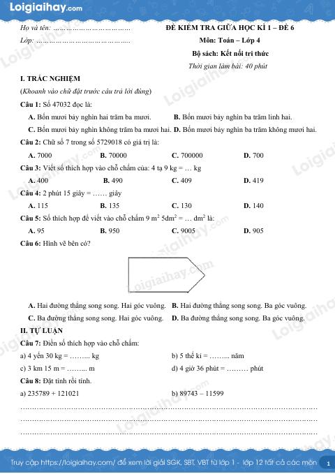 Đề kiểm tra giữa học kì 1 Toán 4 Kết nối tri thức - Đề số 6